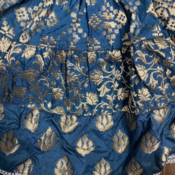 Pep's Cannes Versailles Mini Dress Jacquard Blue Teal Gold Belt Pleated Ruffled - Picture 11 of 16